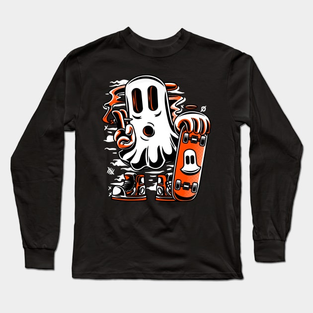 Skater Ghost Halloween Funny Orange Long Sleeve T-Shirt by Ken Adams Store